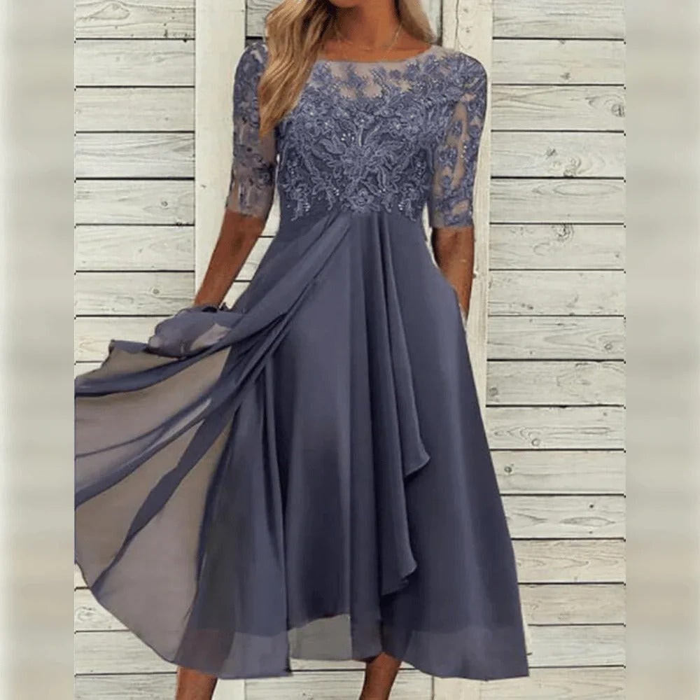 Women's A-Line Midi Wedding Guest Dress with Lace Bodice and Draped Chiffon Sleeves - Image 5