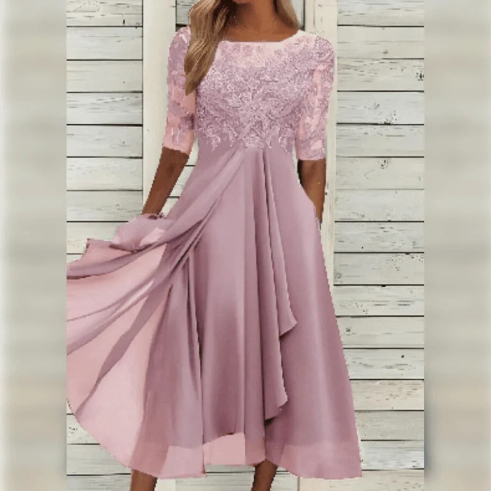 Women's A-Line Midi Wedding Guest Dress with Lace Bodice and Draped Chiffon Sleeves - Image 6