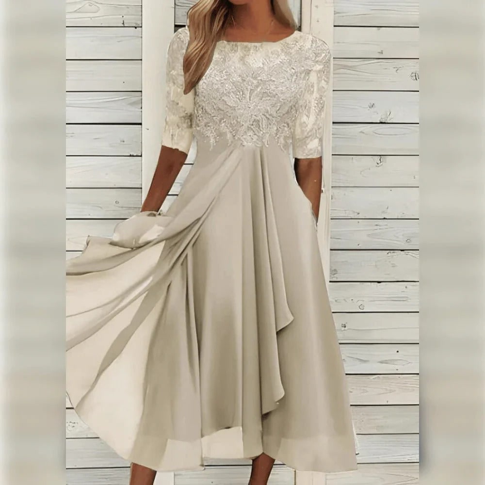 Women's A-Line Midi Wedding Guest Dress with Lace Bodice and Draped Chiffon Sleeves - Image 8