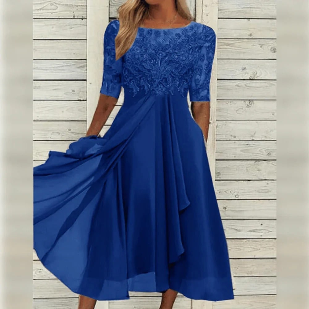 Women's A-Line Midi Wedding Guest Dress with Lace Bodice and Draped Chiffon Sleeves - Image 9