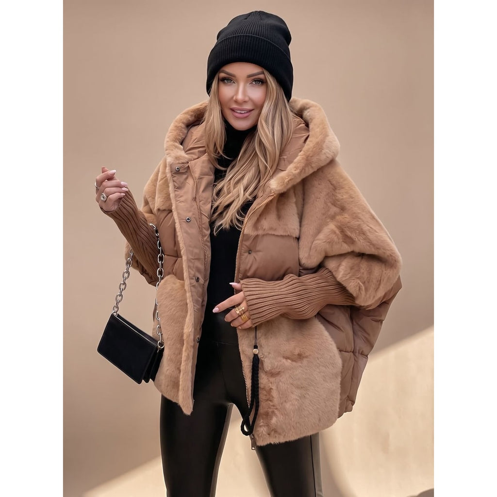 Women's Black Puffer Jacket with Faux Fur Hybrid Design and Oversized Hooded Silhouette - Image 1
