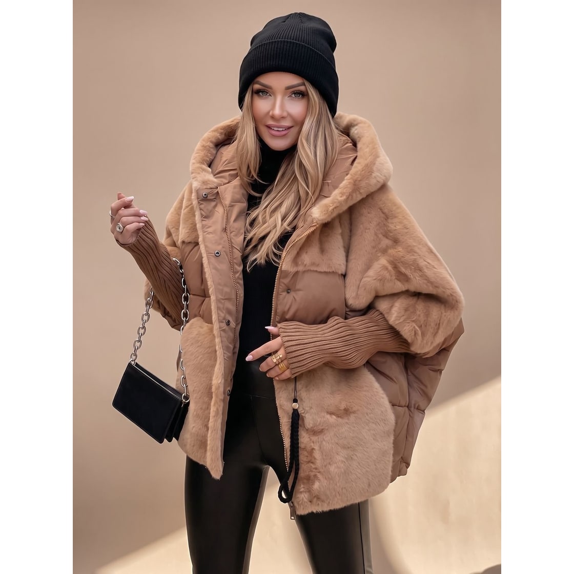 Women's Black Puffer Jacket with Faux Fur Hybrid Design and Oversized Hooded Silhouette - Image 1