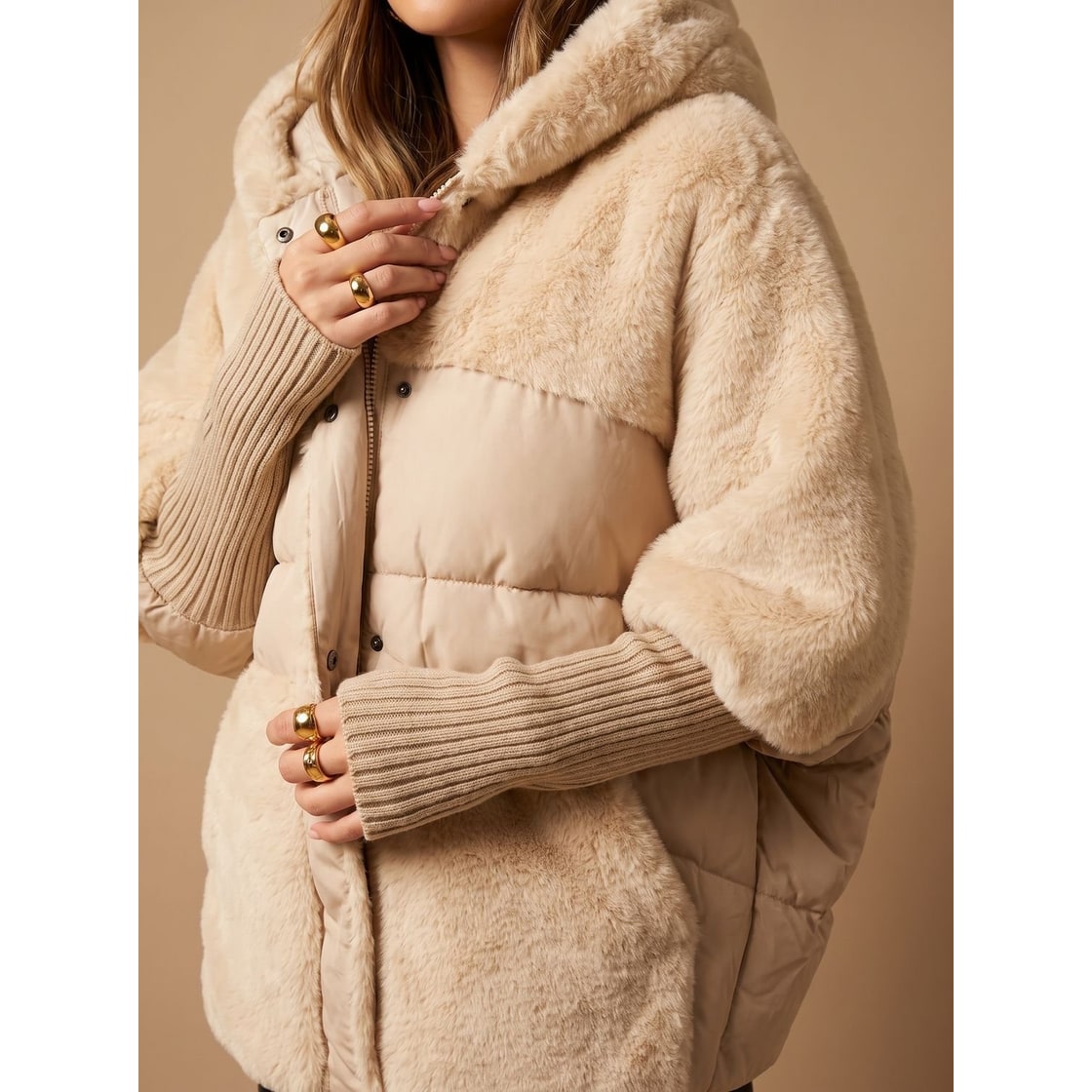 Women's Black Puffer Jacket with Faux Fur Hybrid Design and Oversized Hooded Silhouette - Image 2