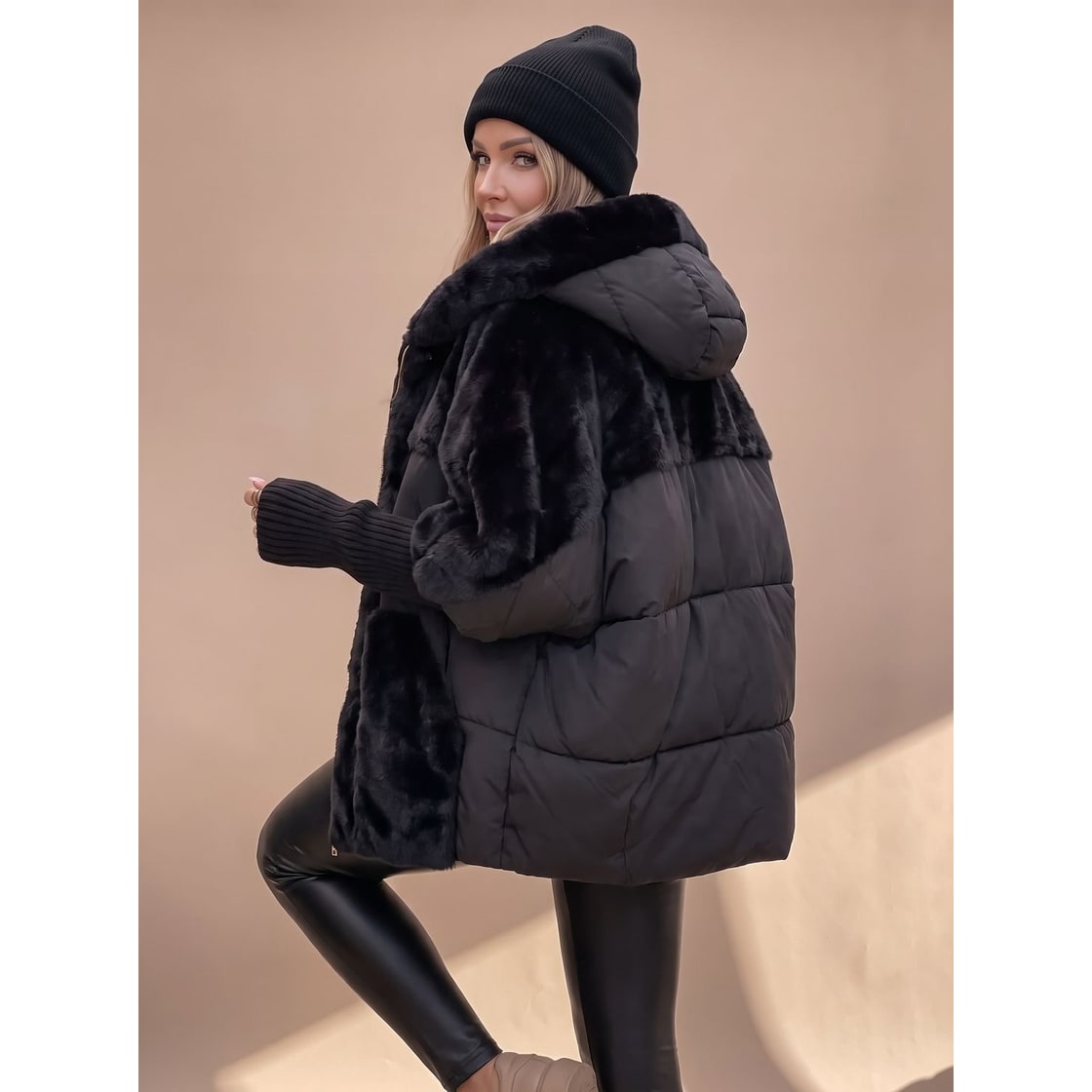 Women's Black Puffer Jacket with Faux Fur Hybrid Design and Oversized Hooded Silhouette - Image 3