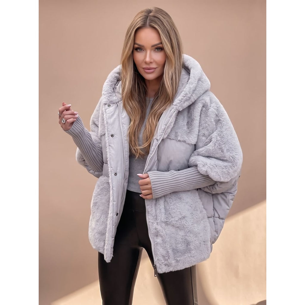 Women's Black Puffer Jacket with Faux Fur Hybrid Design and Oversized Hooded Silhouette - Image 4
