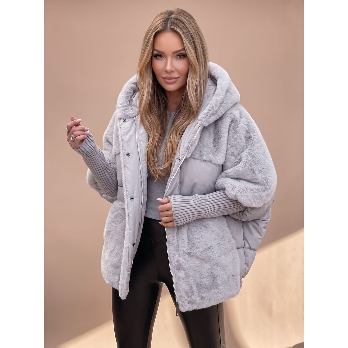 Women's Black Puffer Jacket with Faux Fur Hybrid Design and Oversized Hooded Silhouette - Image 4