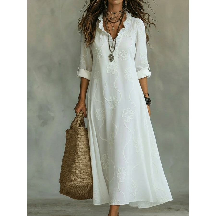 Women's Embroidered Maxi Dress with Ruffled Collar and Floral Details - Image 1