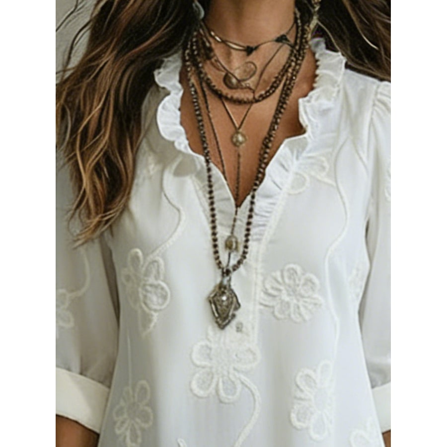 Women's Embroidered Maxi Dress with Ruffled Collar and Floral Details - Image 2