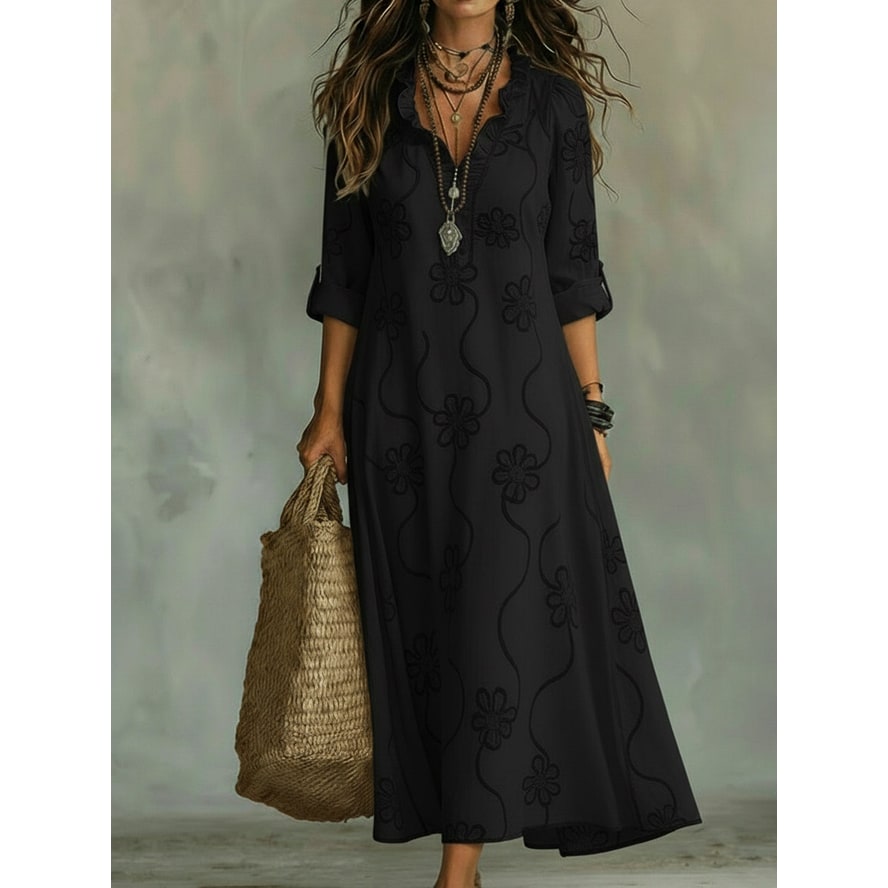 Women's Embroidered Maxi Dress with Ruffled Collar and Floral Details - Image 3