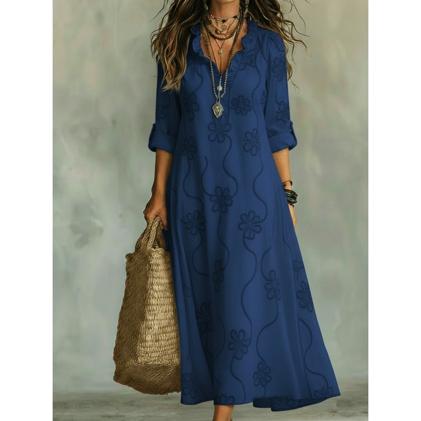 Women's Embroidered Maxi Dress with Ruffled Collar and Floral Details - Image 4