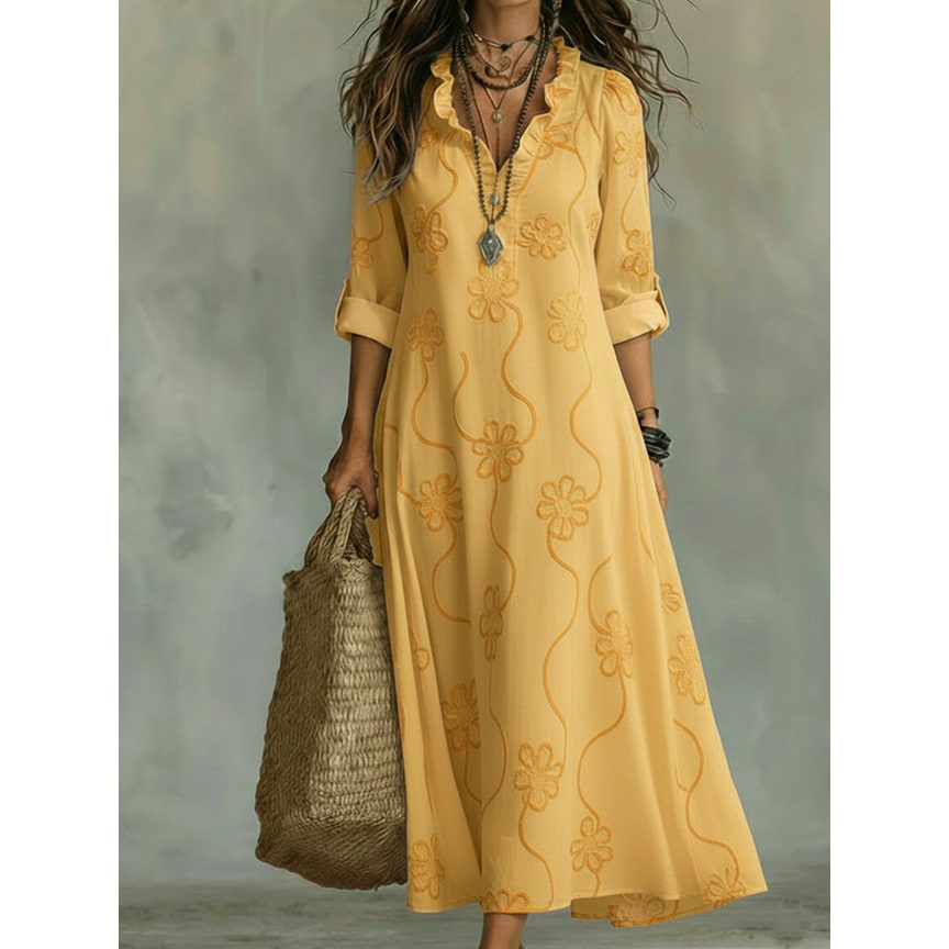 Women's Embroidered Maxi Dress with Ruffled Collar and Floral Details - Image 5