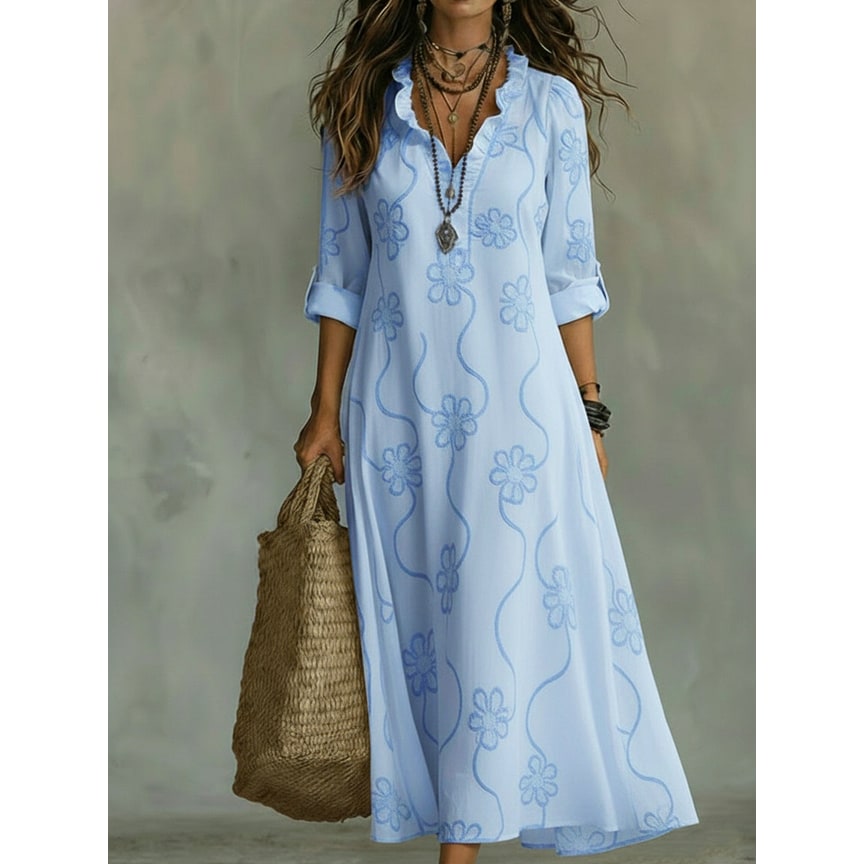 Women's Embroidered Maxi Dress with Ruffled Collar and Floral Details - Image 6
