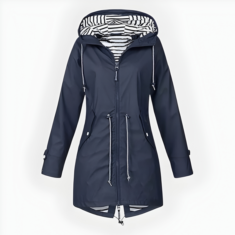 Women's Hooded Waterproof Rain Jacket with Drawstring Waist and Striped Lining - Image 5