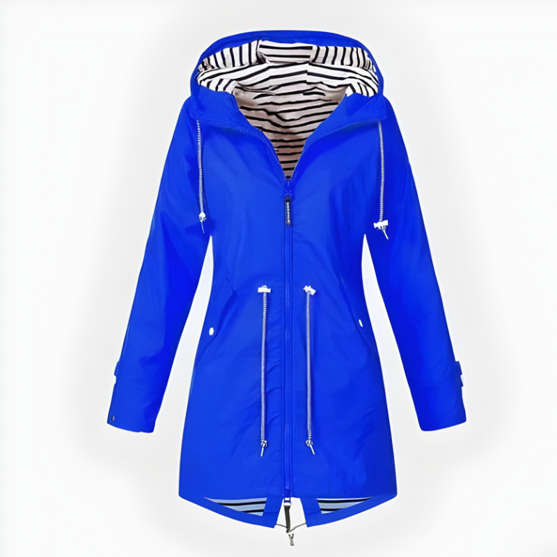 Women's Hooded Waterproof Rain Jacket with Drawstring Waist and Striped Lining - Image 6