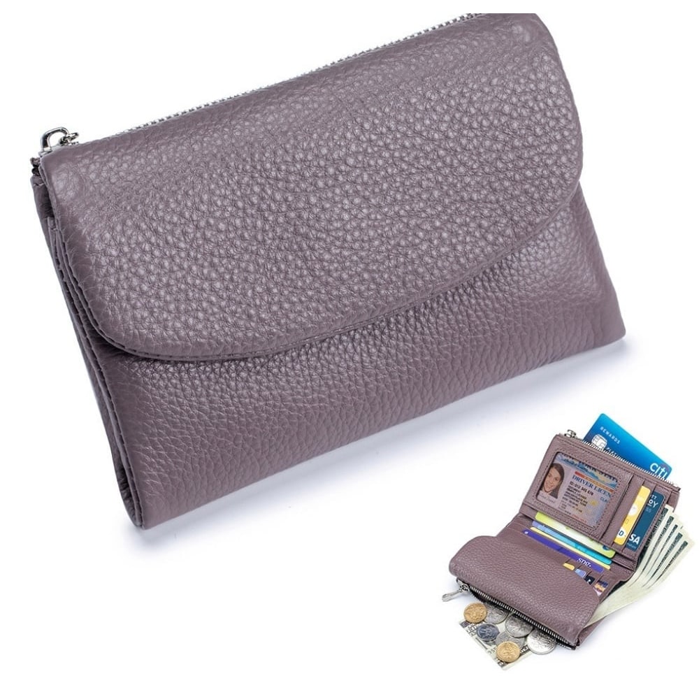 Women's Leather Wallet with Dual Zip Pockets Pebbled Trifold Design and Card Slots - Image 10