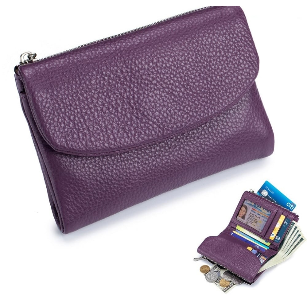 Women's Leather Wallet with Dual Zip Pockets Pebbled Trifold Design and Card Slots - Image 11