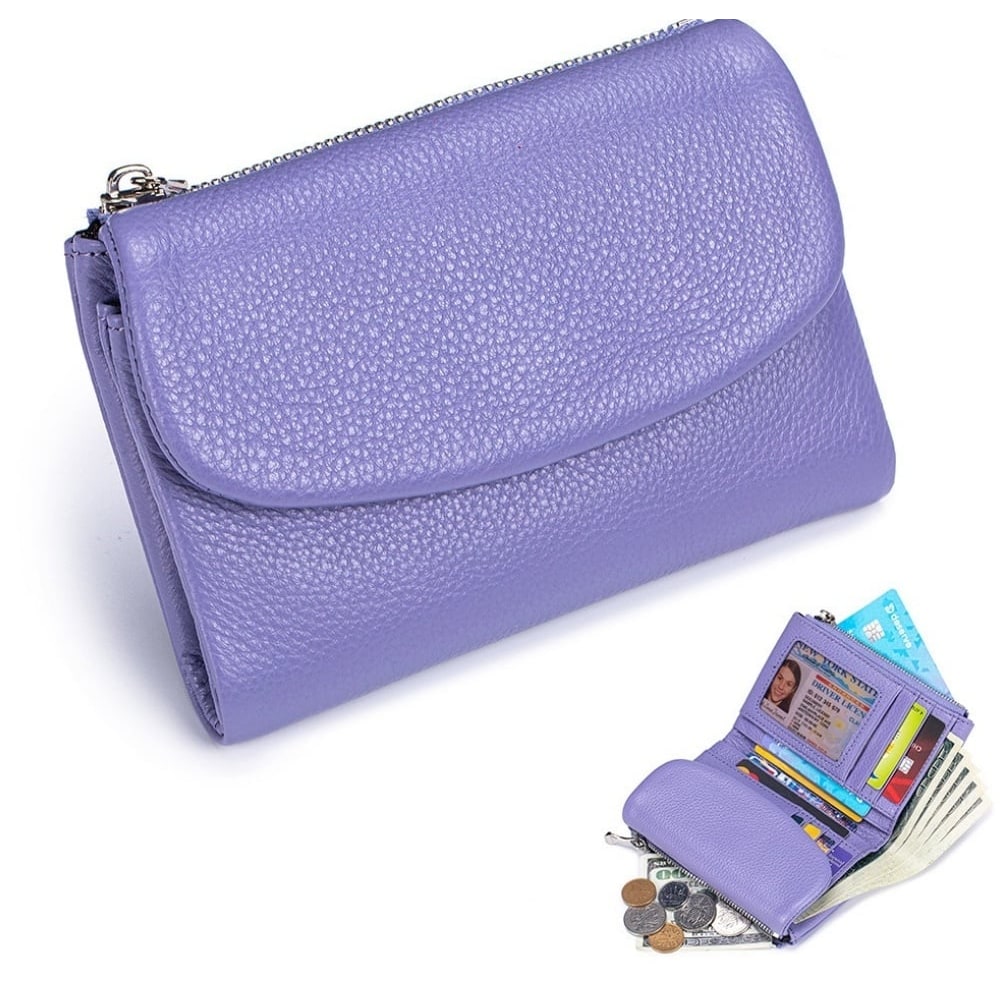 Women's Leather Wallet with Dual Zip Pockets Pebbled Trifold Design and Card Slots - Image 12