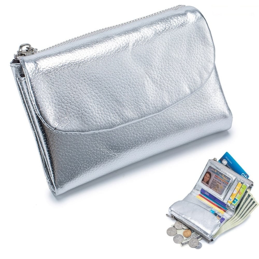 Women's Leather Wallet with Dual Zip Pockets Pebbled Trifold Design and Card Slots - Image 13