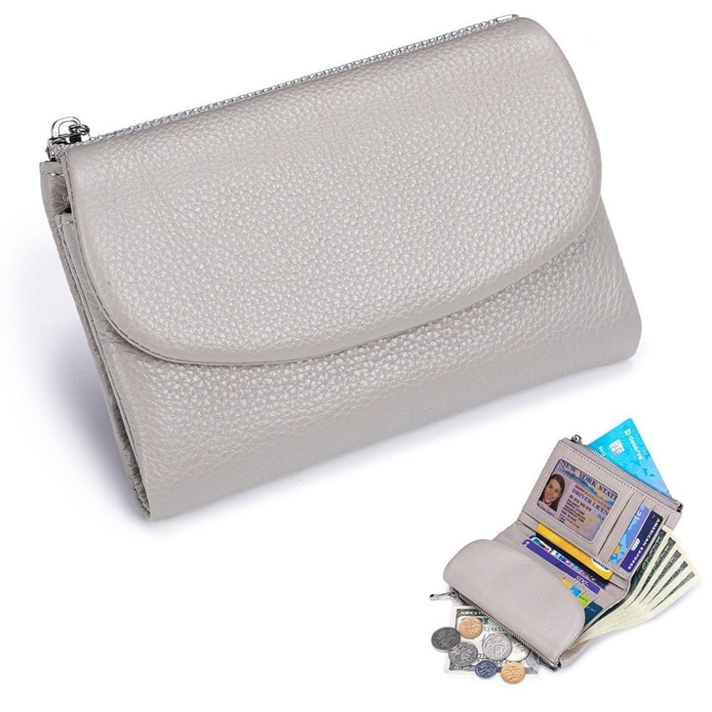 Women's Leather Wallet with Dual Zip Pockets Pebbled Trifold Design and Card Slots - Image 14