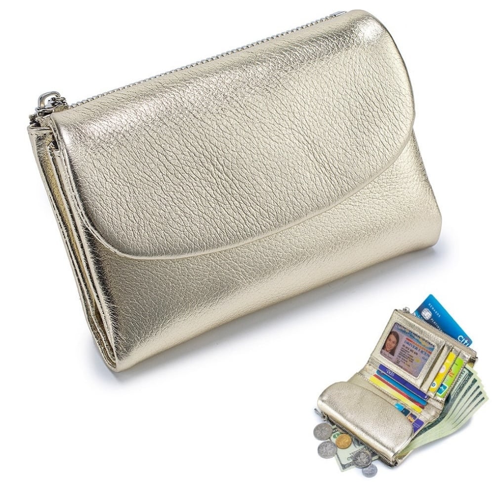 Women's Leather Wallet with Dual Zip Pockets Pebbled Trifold Design and Card Slots - Image 15