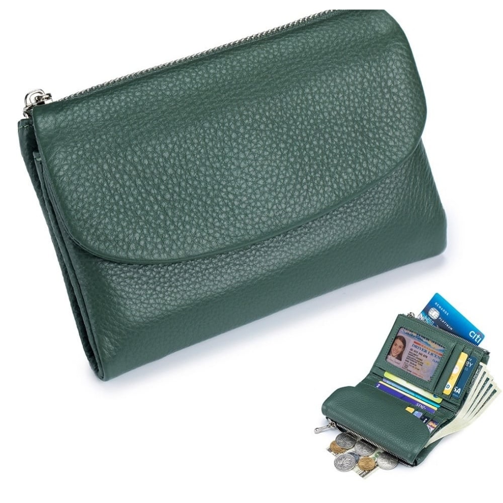 Women's Leather Wallet with Dual Zip Pockets Pebbled Trifold Design and Card Slots - Image 16