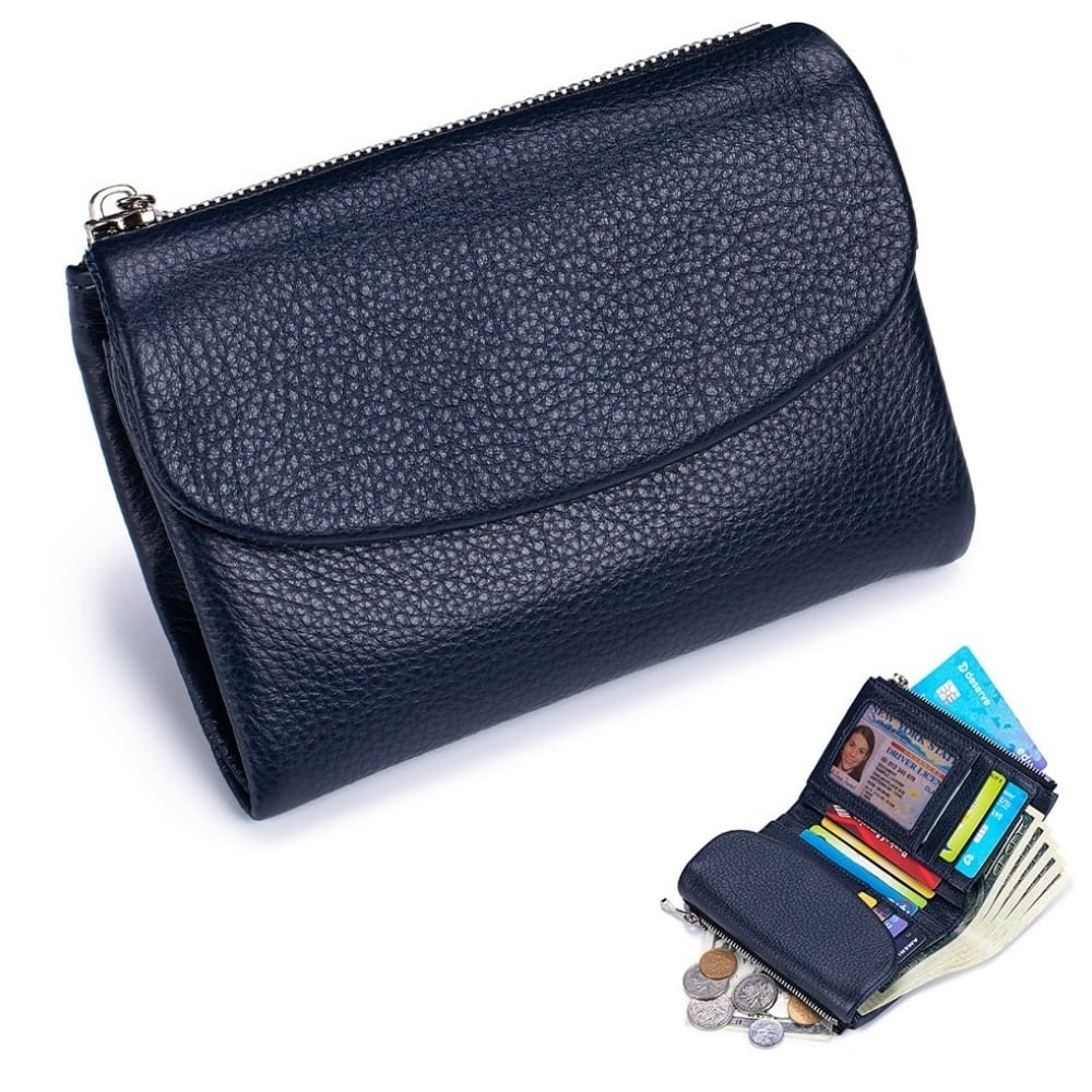 Women's Leather Wallet with Dual Zip Pockets Pebbled Trifold Design and Card Slots - Image 17