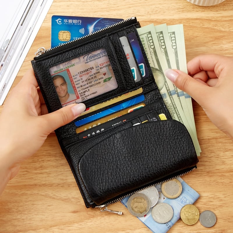Women's Leather Wallet with Dual Zip Pockets Pebbled Trifold Design and Card Slots - Image 21