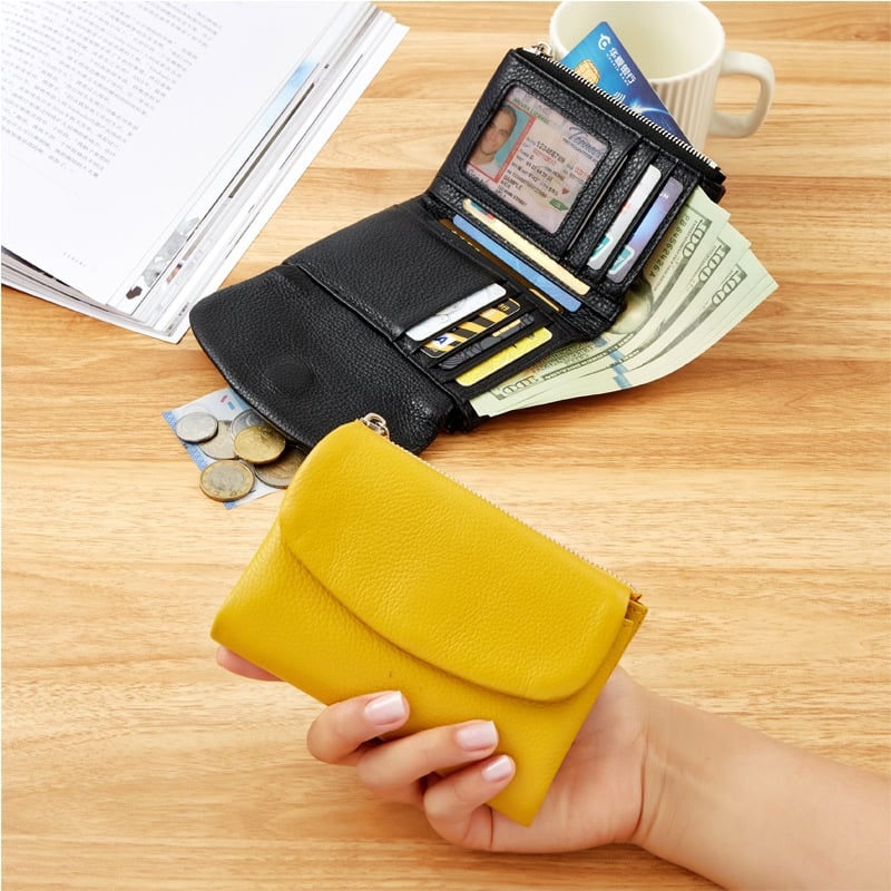 Women's Leather Wallet with Dual Zip Pockets Pebbled Trifold Design and Card Slots - Image 22