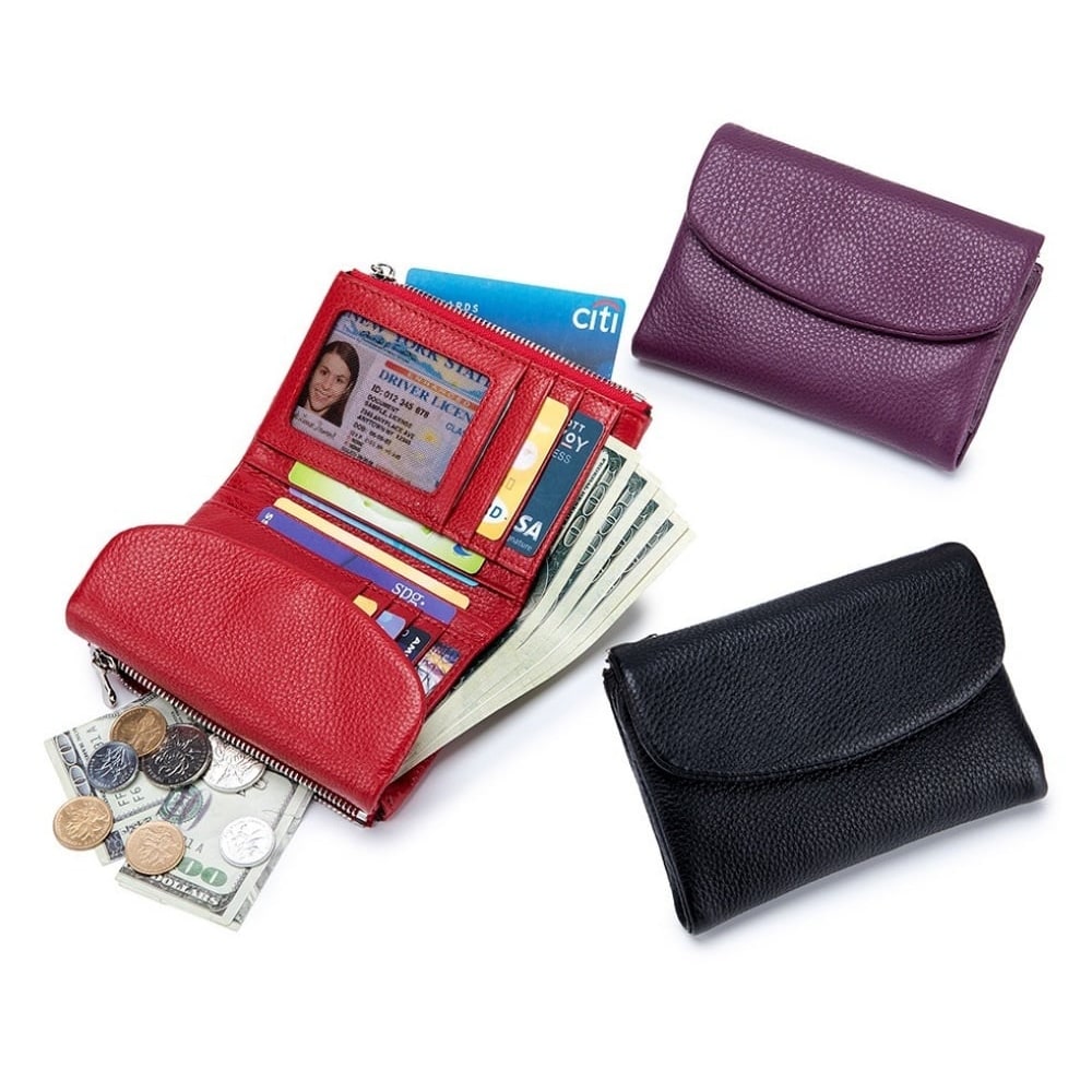 Women's Leather Wallet with Dual Zip Pockets Pebbled Trifold Design and Card Slots - Image 25