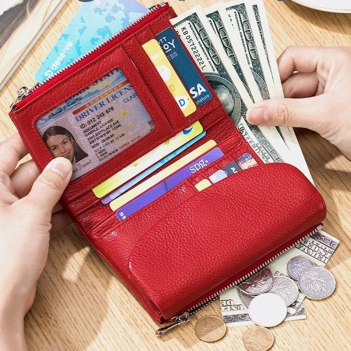 Women's Leather Wallet with Dual Zip Pockets Pebbled Trifold Design and Card Slots - Image 4