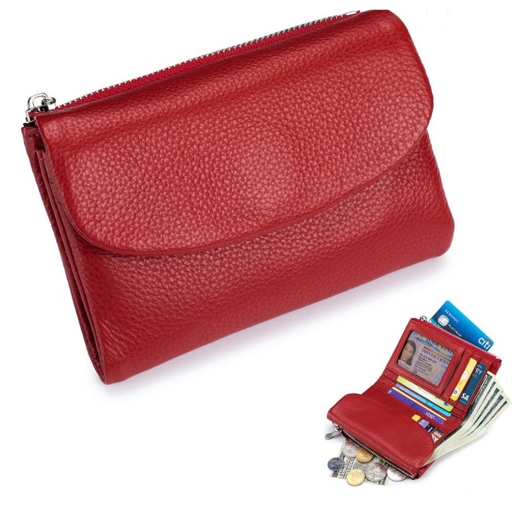Women's Leather Wallet with Dual Zip Pockets Pebbled Trifold Design and Card Slots - Image 5