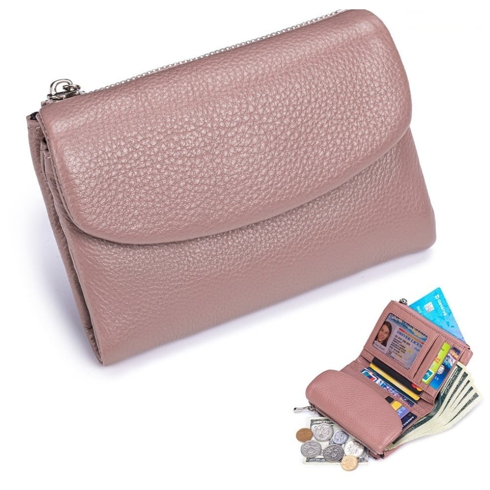 Women's Leather Wallet with Dual Zip Pockets Pebbled Trifold Design and Card Slots - Image 7