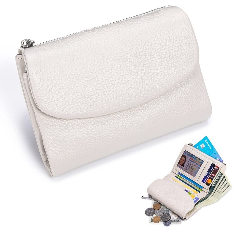 Women's Leather Wallet with Dual Zip Pockets Pebbled Trifold Design and Card Slots - Image 9