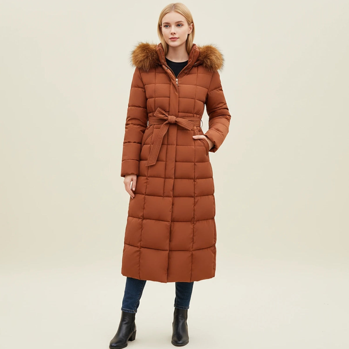 Women's Long Puffer Jacket with Quilted Design Faux Fur Hood and Belted Waist - Image 1