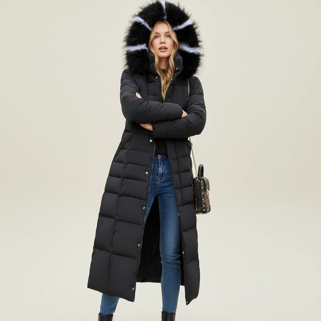 Women's Long Puffer Jacket with Quilted Design Faux Fur Hood and Belted Waist - Image 2