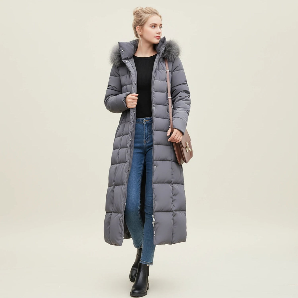 Women's Long Puffer Jacket with Quilted Design Faux Fur Hood and Belted Waist - Image 3