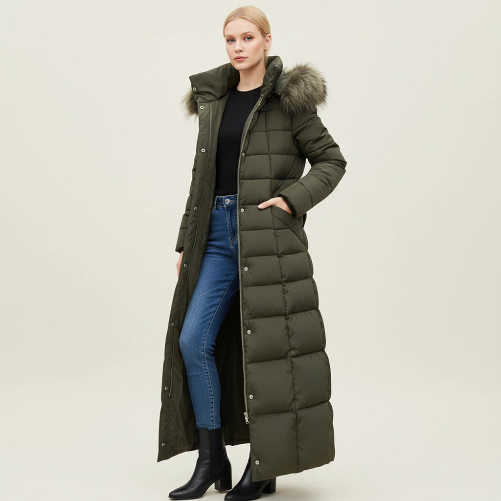 Women's Long Puffer Jacket with Quilted Design Faux Fur Hood and Belted Waist - Image 4
