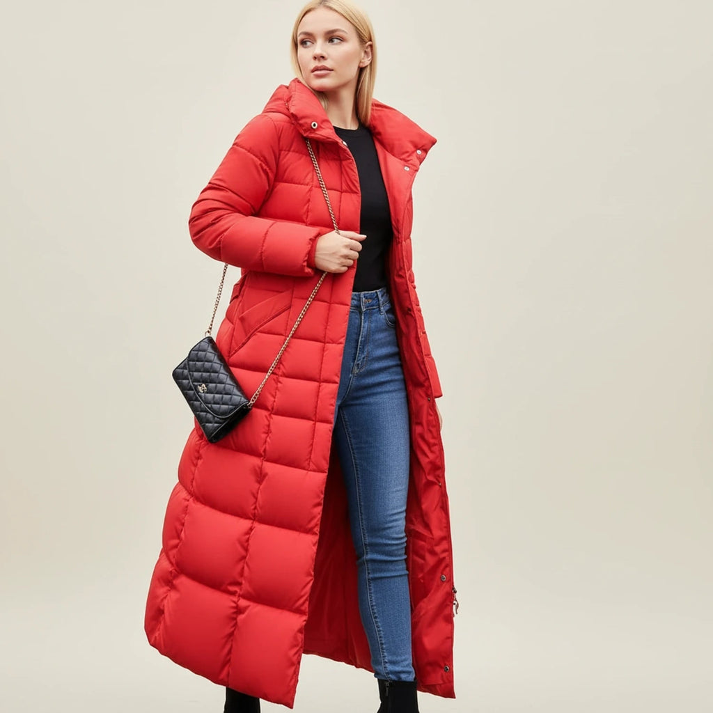 Women's Long Puffer Jacket with Quilted Design Faux Fur Hood and Belted Waist - Image 5