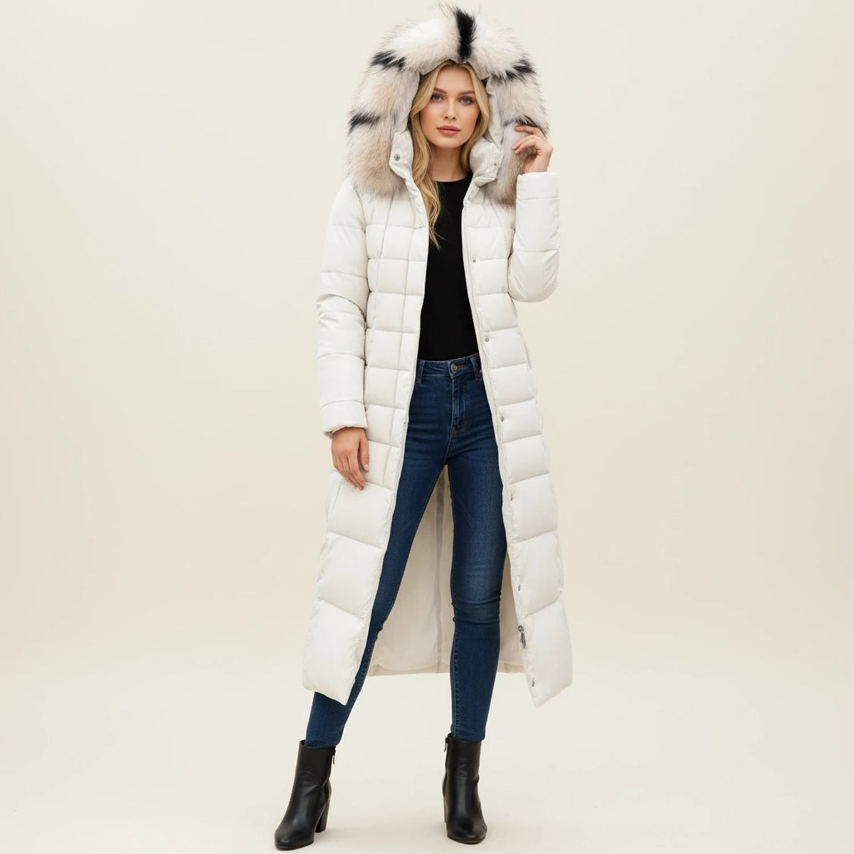 Women's Long Puffer Jacket with Quilted Design Faux Fur Hood and Belted Waist - Image 6