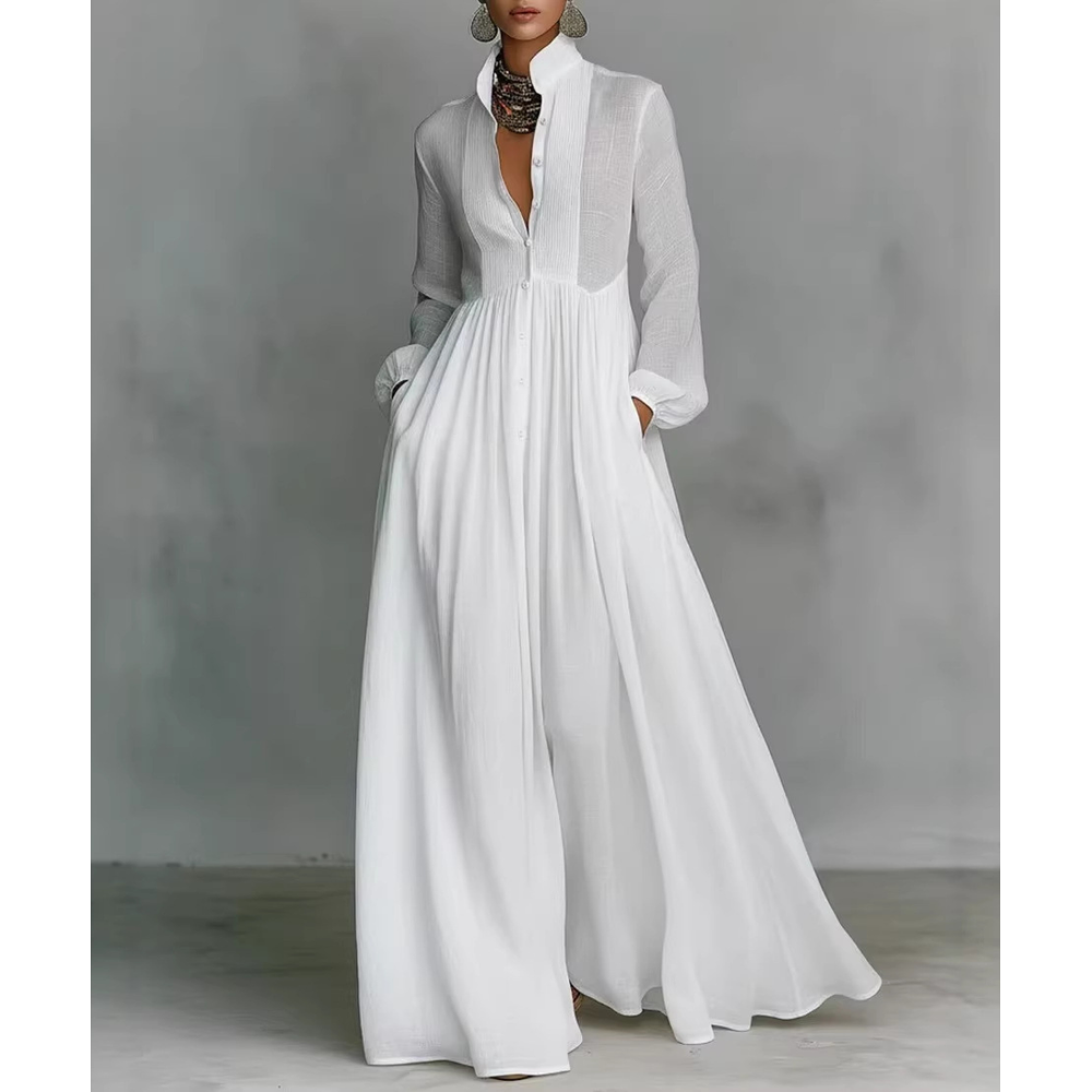 Women's Long Sleeve Wide Leg Jumpsuit with V-Neck Pleated Bodice and Balloon for Formal Events - Image 1