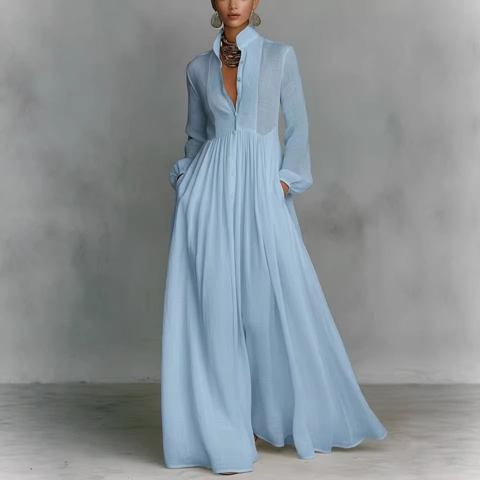 Women's Long Sleeve Wide Leg Jumpsuit with V-Neck Pleated Bodice and Balloon for Formal Events - Image 2