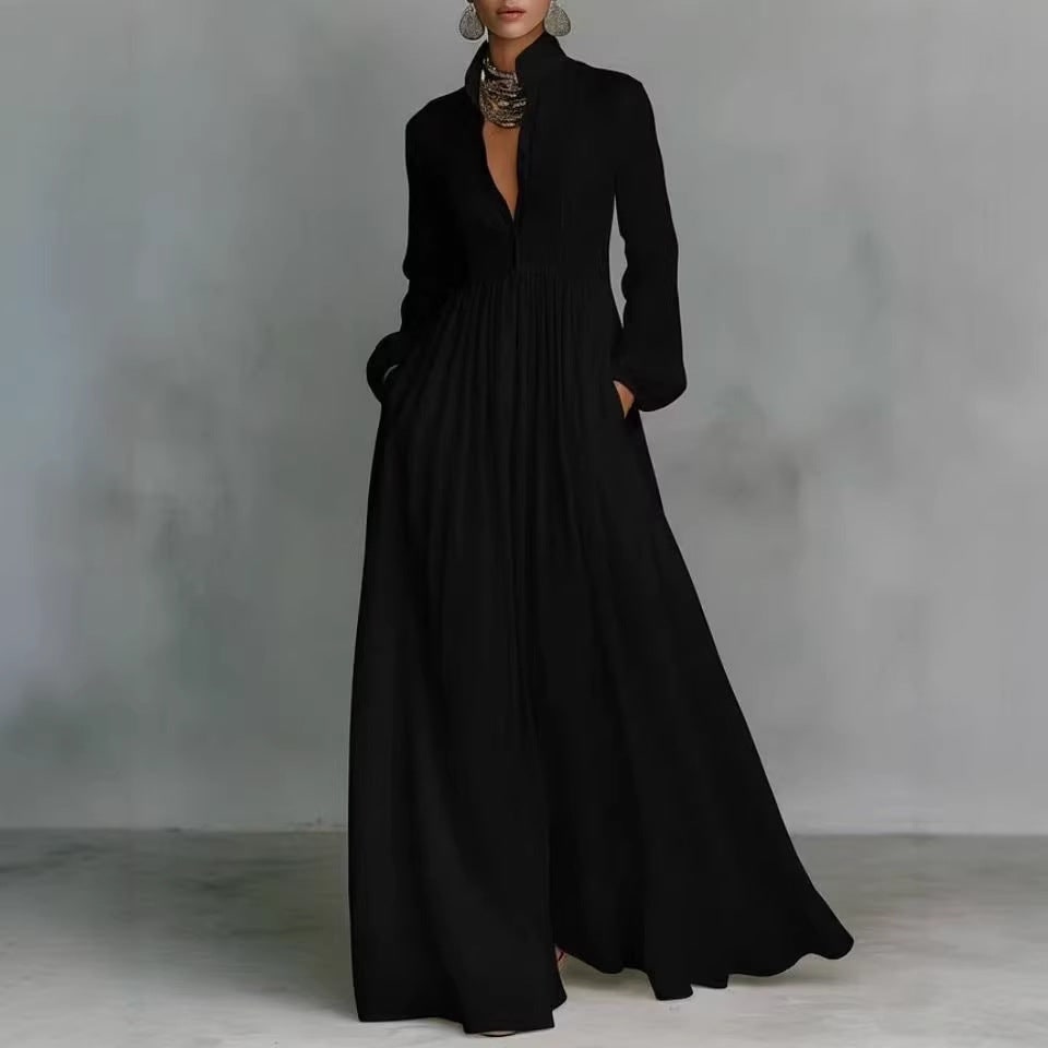 Women's Long Sleeve Wide Leg Jumpsuit with V-Neck Pleated Bodice and Balloon for Formal Events - Image 4