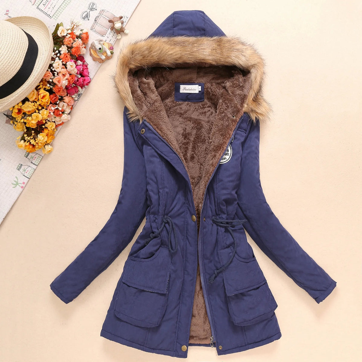 Women's Parka Jacket with Fleece Lining Faux Fur Hood and Drawstring Waist - Image 5