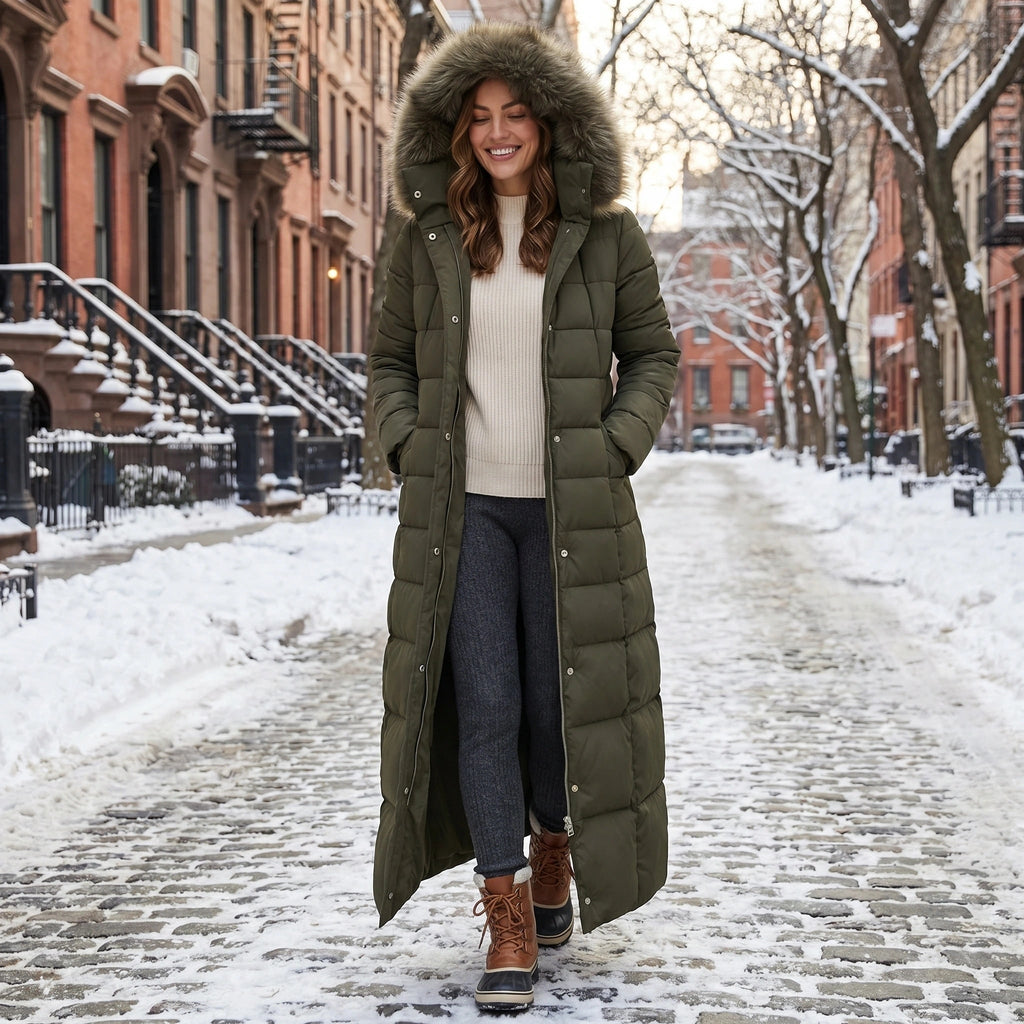Women's Puffer Coat with Faux Fur Hood and Quilted Design Long Winter Jacket - Image 3
