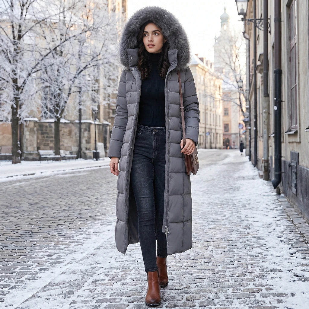 Women's Puffer Coat with Faux Fur Hood and Quilted Design Long Winter Jacket - Image 4