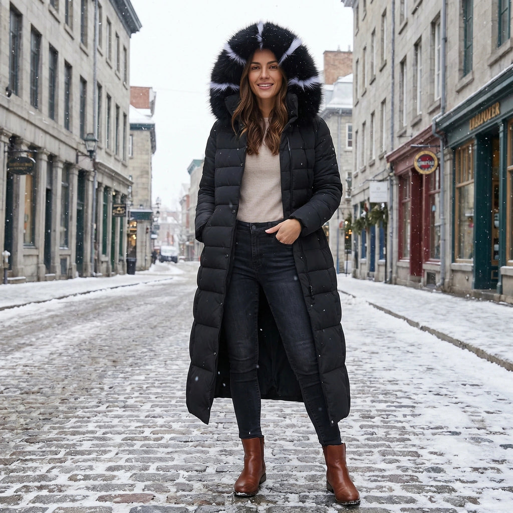 Women's Puffer Coat with Faux Fur Hood and Quilted Design Long Winter Jacket - Image 5