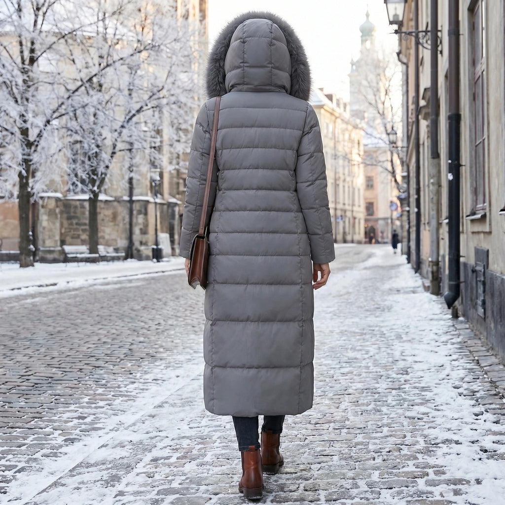 Women's Puffer Coat with Faux Fur Hood and Quilted Design Long Winter Jacket - Image 7