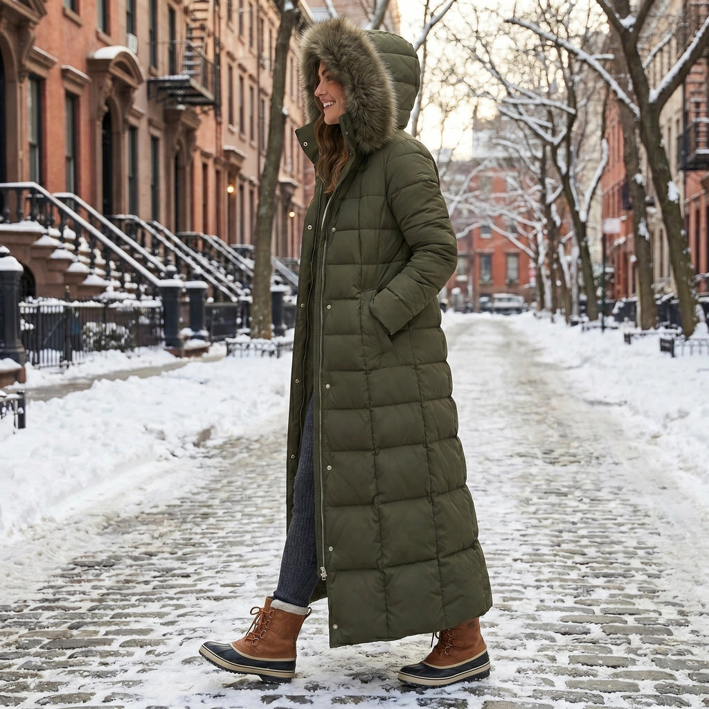 Women's Puffer Coat with Faux Fur Hood and Quilted Design Long Winter Jacket - Image 8