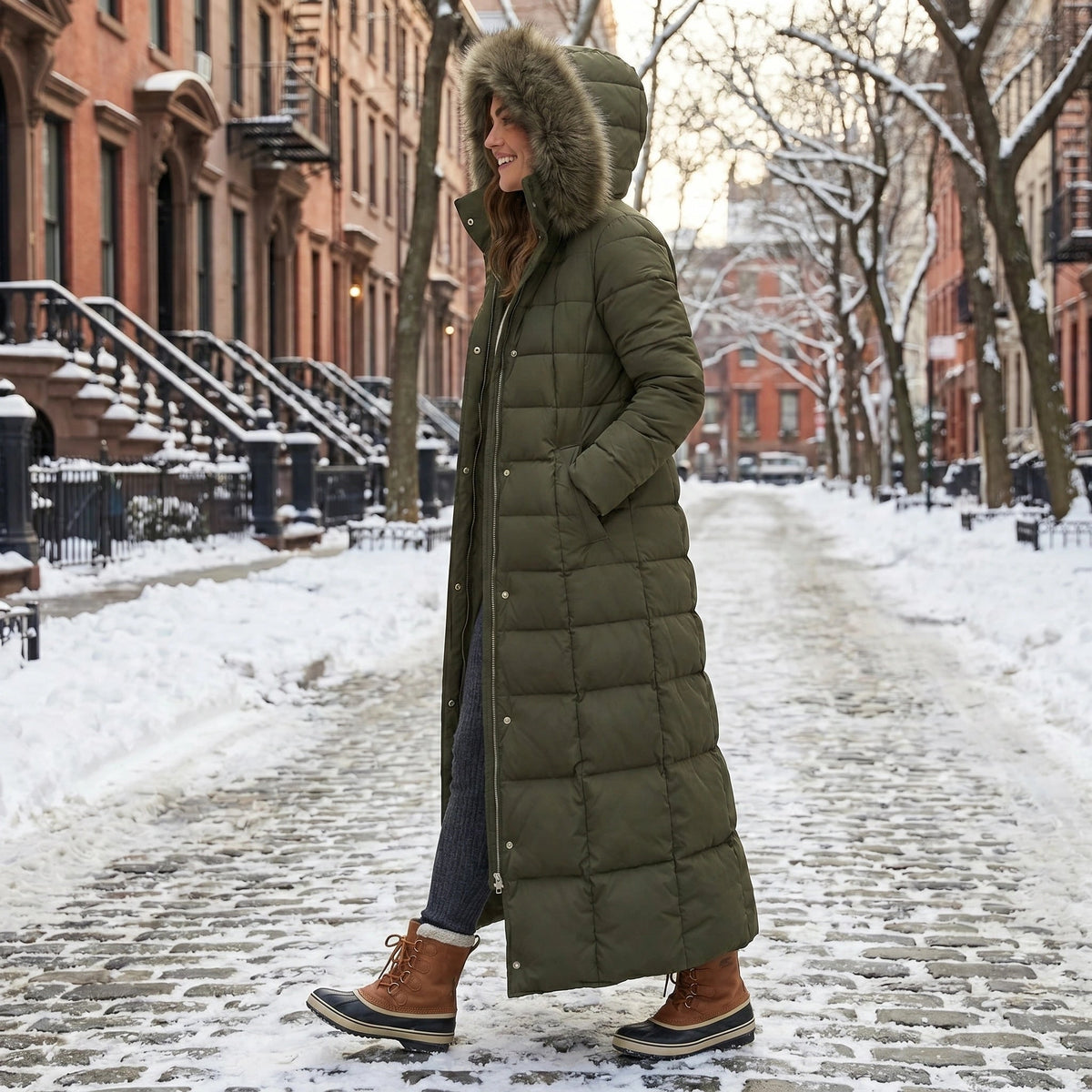 Women's Puffer Coat with Faux Fur Hood and Quilted Design Long Winter Jacket - Image 8