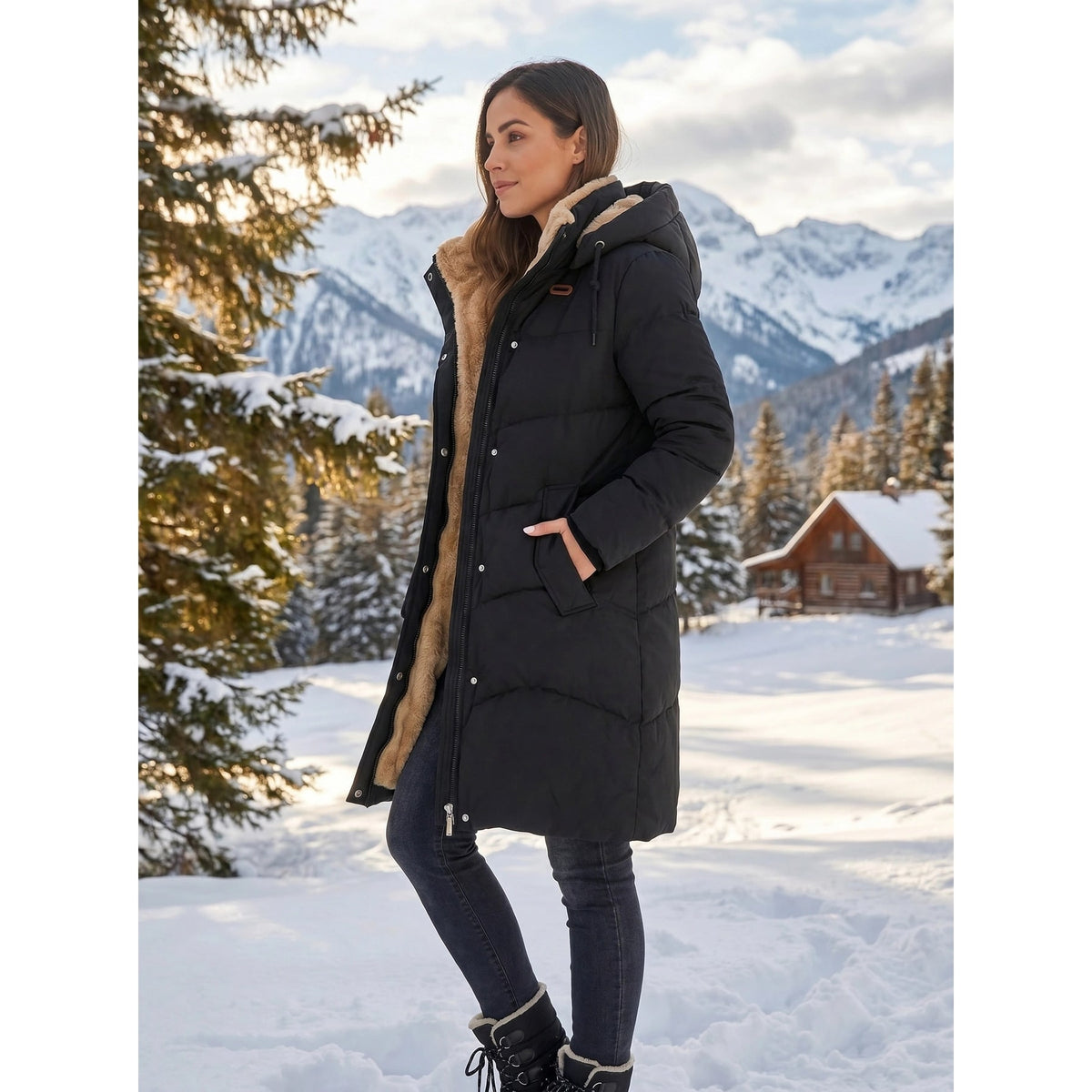 Women's Puffer Coat with Quilted Construction Fleece-Lined Hood and Drawstring - Image 8